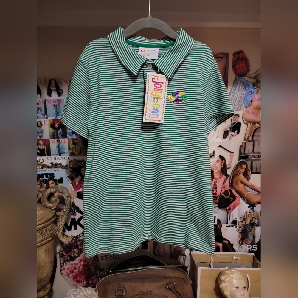 NWT Jellybeans Kids Mardi Gras King Cake Polo with Green Stripes 7